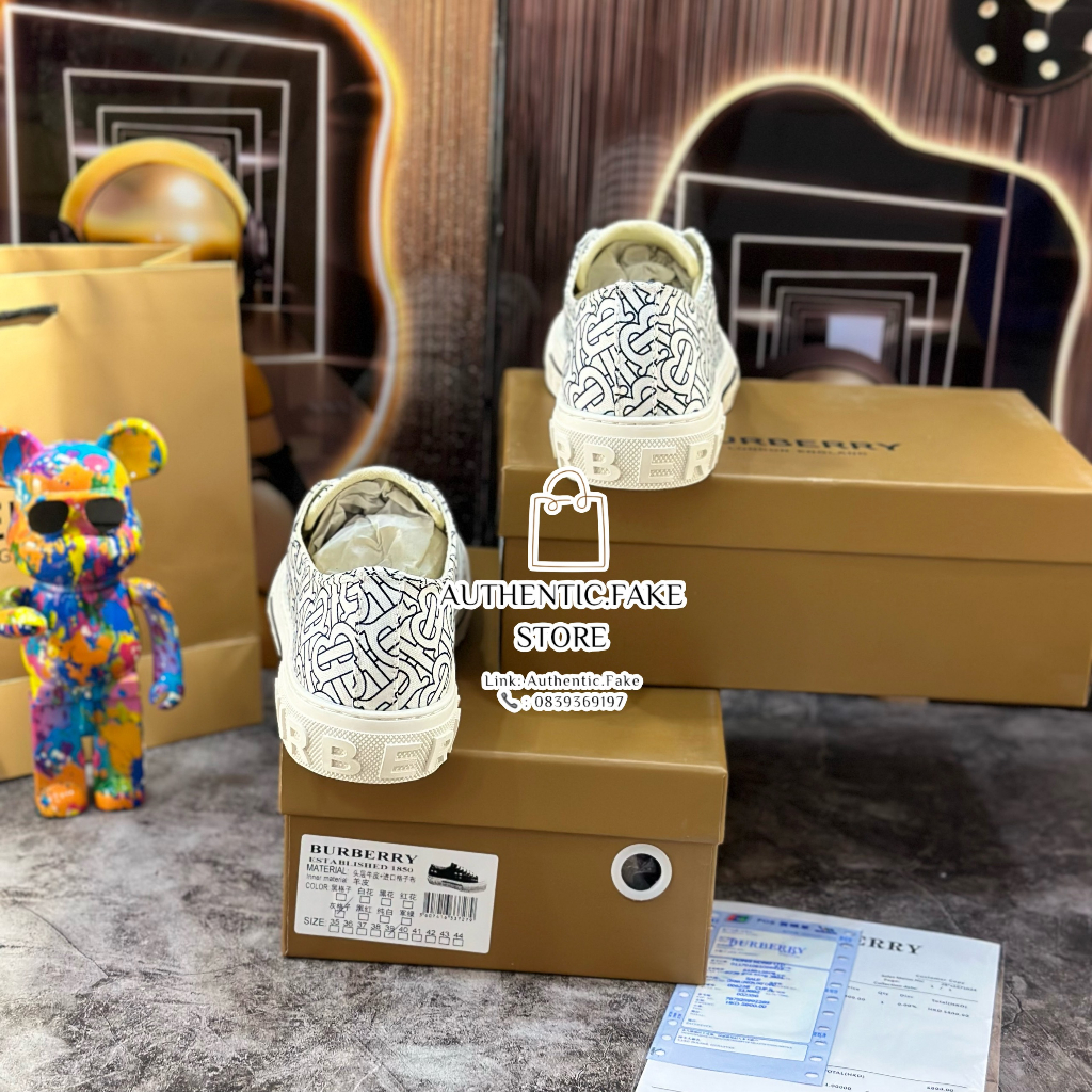 Giày Thể Thao Burberryy Monogramm Printt Cotton ‘Optic White’ ,Giày Sneaker BBR Trắng Họa Tiết Mới 2023