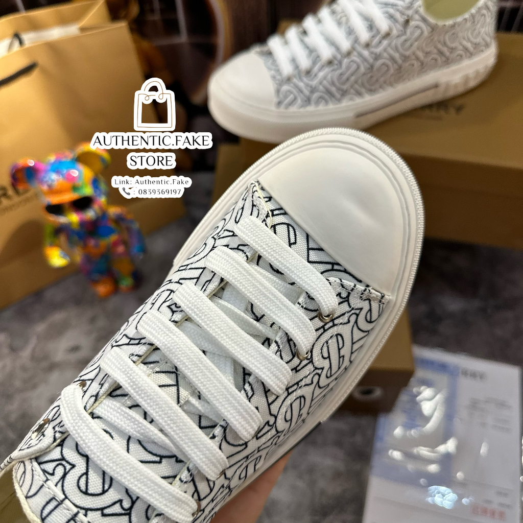 Giày Thể Thao Burberryy Monogramm Printt Cotton ‘Optic White’ ,Giày Sneaker BBR Trắng Họa Tiết Mới 2023