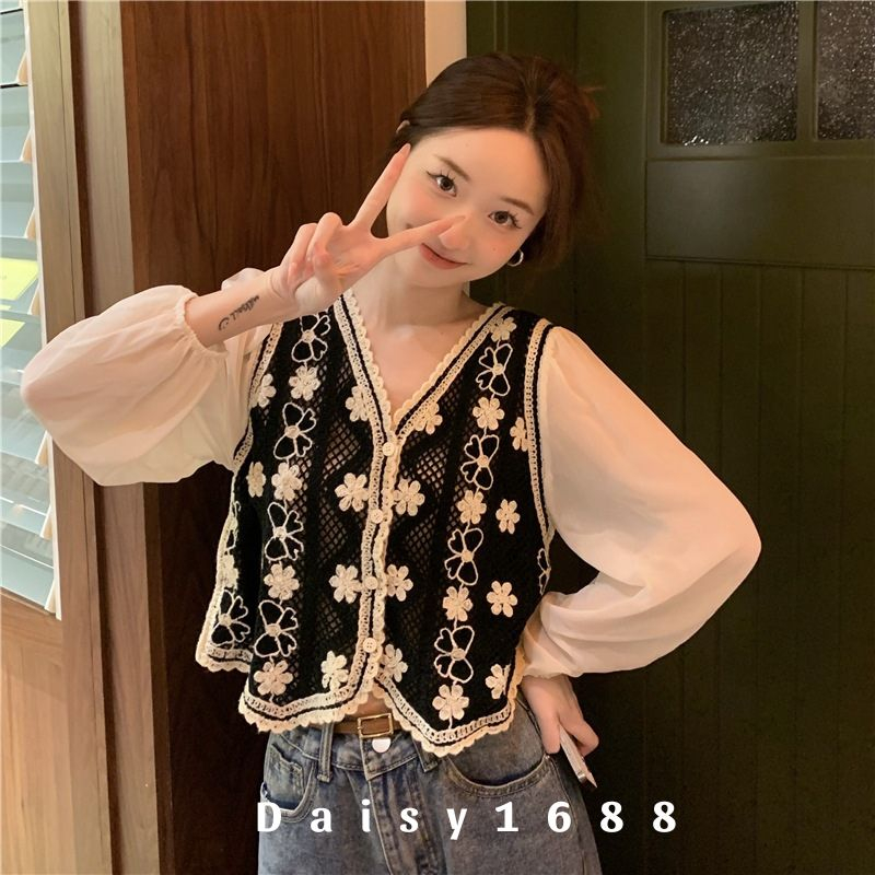 Sẵn- Áo Dệt Kim Tay Voan Tiểu Thư Chất Mát Phối Len Móc Daisy1688