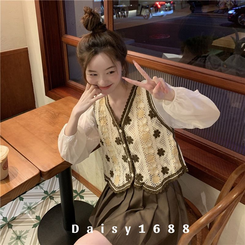 Sẵn- Áo Dệt Kim Tay Voan Tiểu Thư Chất Mát Phối Len Móc Daisy1688