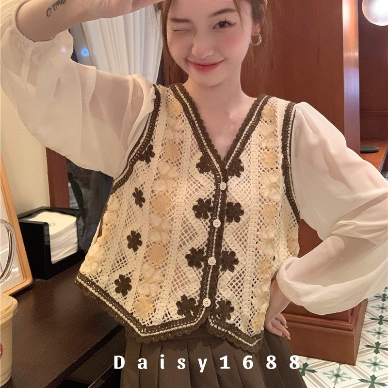 Sẵn- Áo Dệt Kim Tay Voan Tiểu Thư Chất Mát Phối Len Móc Daisy1688