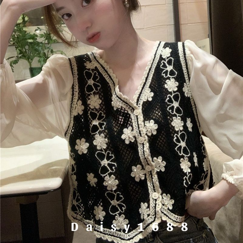 Sẵn- Áo Dệt Kim Tay Voan Tiểu Thư Chất Mát Phối Len Móc Daisy1688