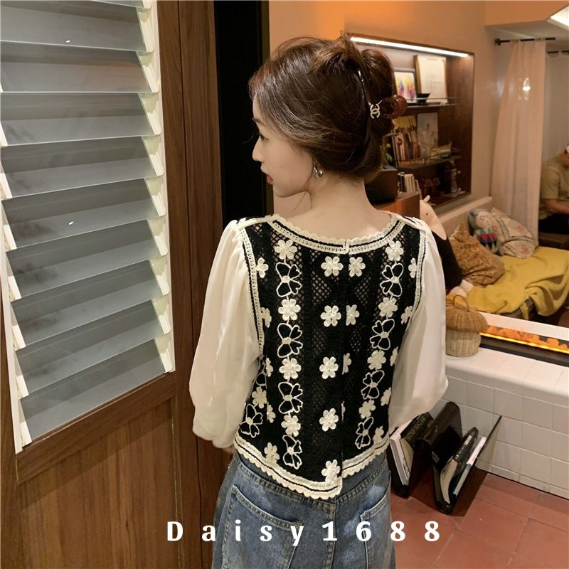 Sẵn- Áo Dệt Kim Tay Voan Tiểu Thư Chất Mát Phối Len Móc Daisy1688