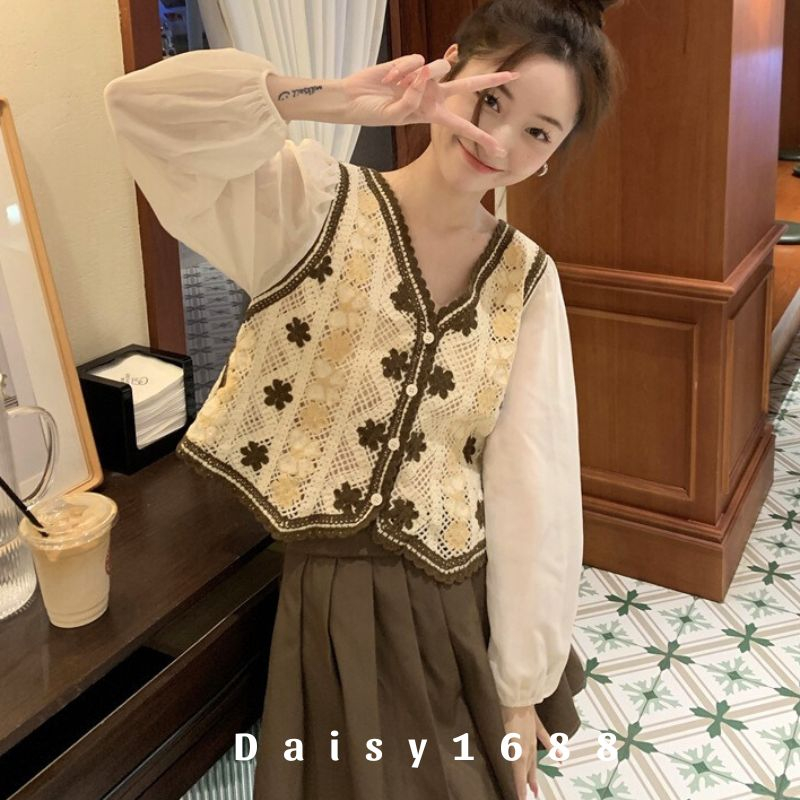 Sẵn- Áo Dệt Kim Tay Voan Tiểu Thư Chất Mát Phối Len Móc Daisy1688