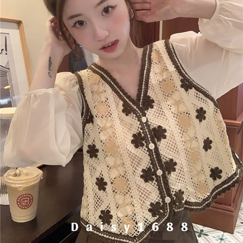 Sẵn- Áo Dệt Kim Tay Voan Tiểu Thư Chất Mát Phối Len Móc Daisy1688