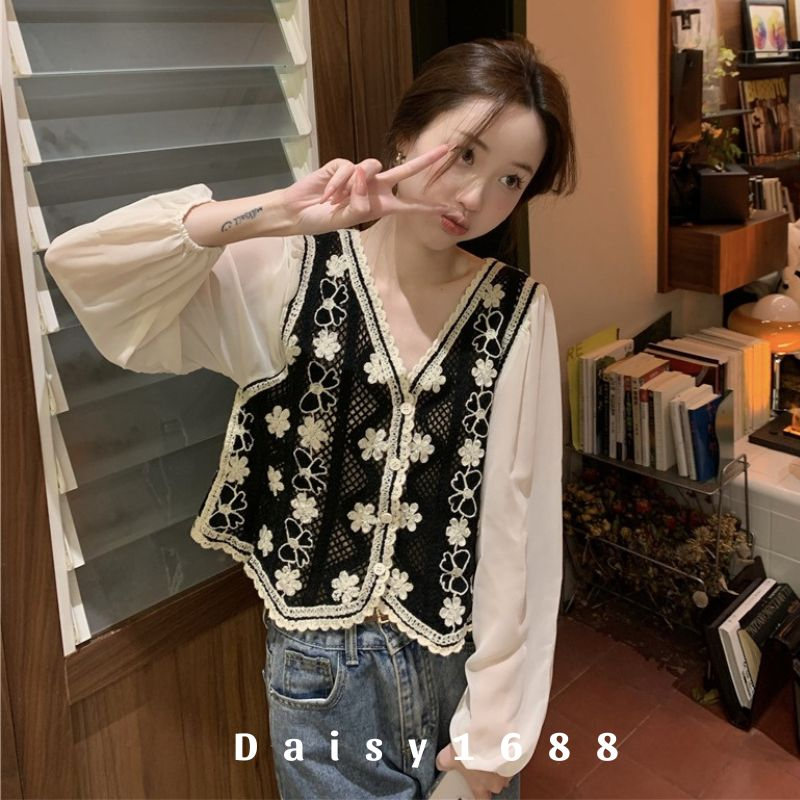 Sẵn- Áo Dệt Kim Tay Voan Tiểu Thư Chất Mát Phối Len Móc Daisy1688