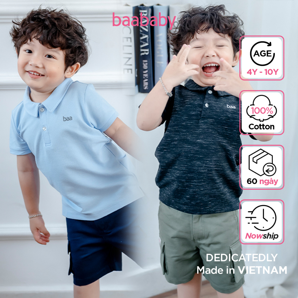 Áo polo bé trai thêu logo từ 4 tuổi - 10 tuổi, áo ngắn tay thêu logo cho bé Baa Baby - B-BK-PL06N-04