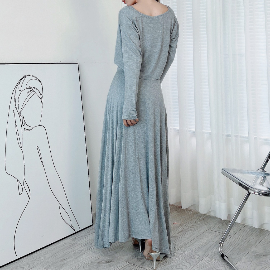 Set 3 Món Nữ Trơn Áo Khoác Có Nút , Áo 2 Dây Kèm Chân Váy Dáng Dài Xòe MIMIX DM1270