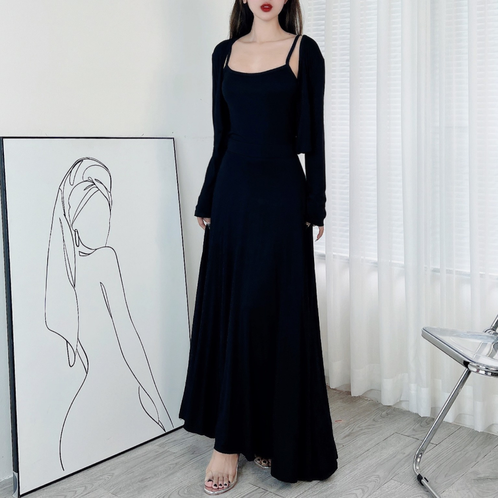 Set 3 Món Nữ Trơn Áo Khoác Có Nút , Áo 2 Dây Kèm Chân Váy Dáng Dài Xòe MIMIX DM1270