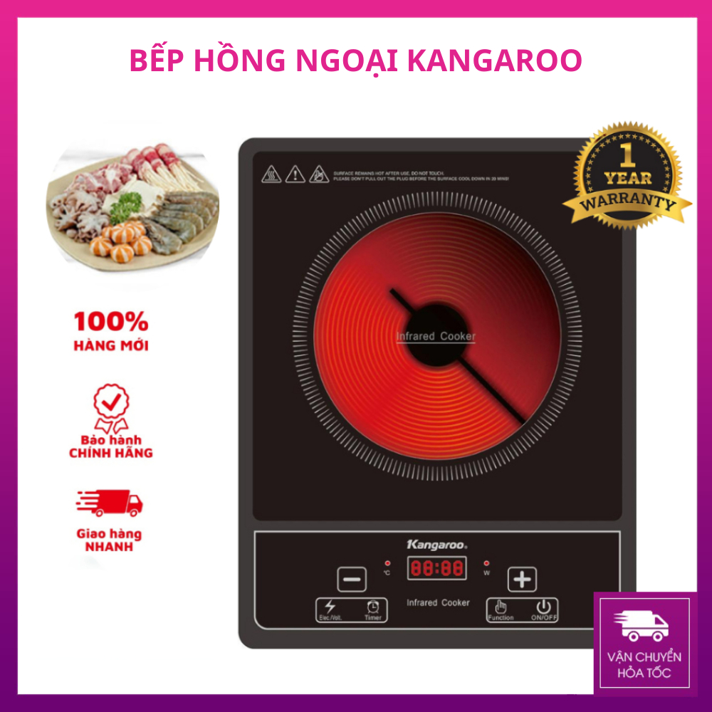 Bếp hồng ngoại đơn Kangaroo KG20IFP1,Mặt kính chịu nhiệt,Công suất 2000W,sử dụng được mọi loại nồi,8
