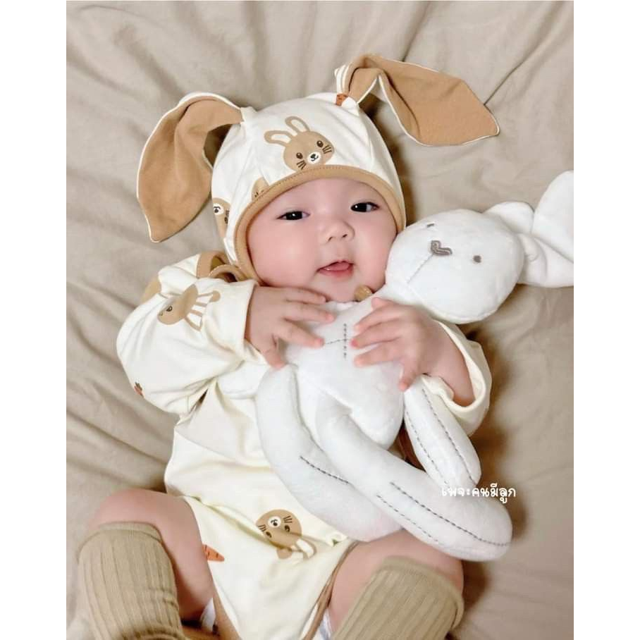 Bodysuit Liền Thân Kèm Mũ Tai Thỏ Dễ Thương Cho Bé Chất Liệu Mềm Mại Size 0-9M
