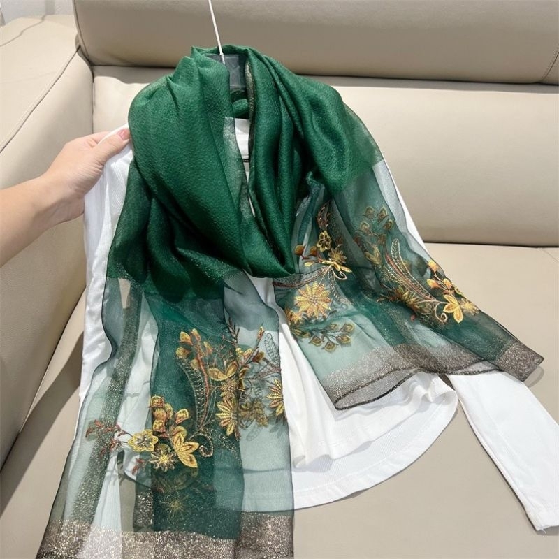 KHĂN QUÀNG LỤA TƠ TẰM THÊU  HOA  DÀI 90*180CM