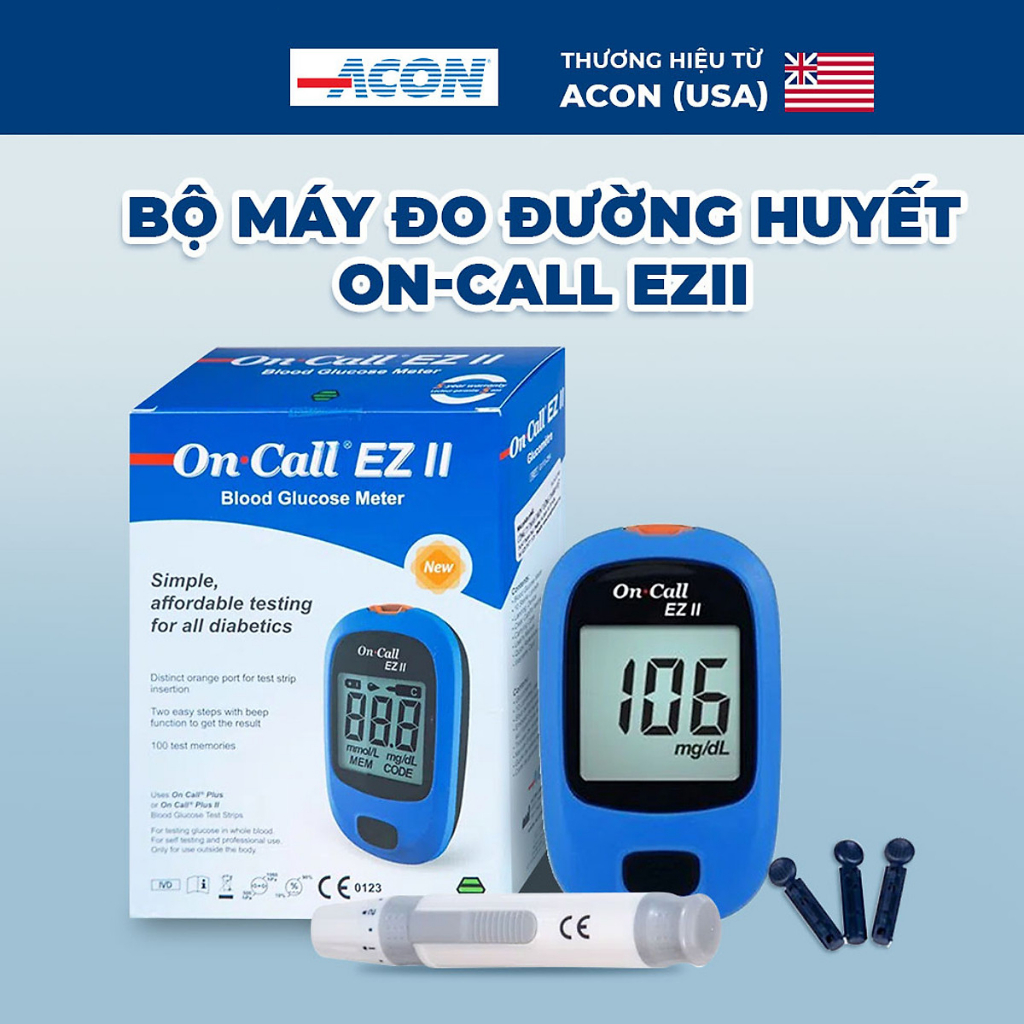 Máy đo đường huyết tiểu đường trong máu của Mỹ Acon On call EZ II tặng kèm 25 que thử ( BẢO HÀNH TRỌN ĐỜI )