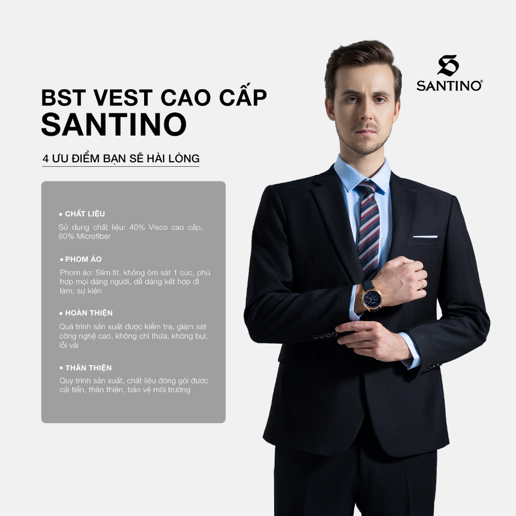 Bộ Vest Nam Cao Cấp Công Sở Hàn Quốc Santino, Chất Liệu Cao Cấp Màu Đen X351