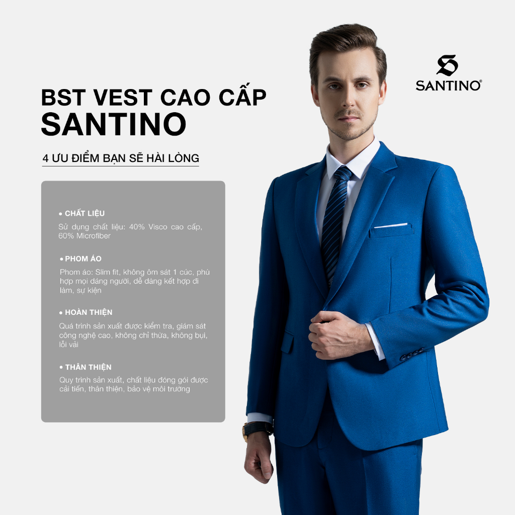 Bộ Vest Nam Cao Cấp Công Sở Hàn Quốc Santino, Chất Liệu Cao Cấp Màu Xanh X354