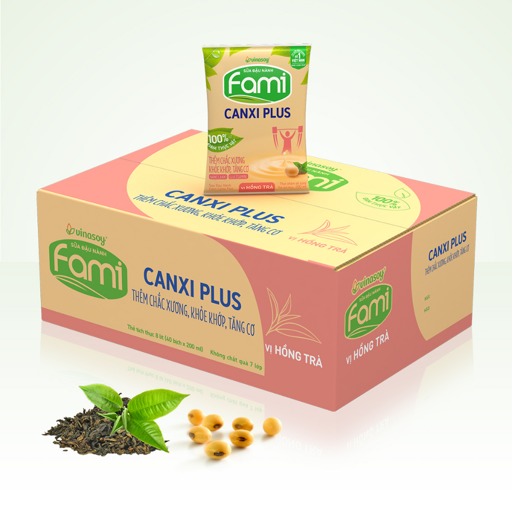 Thùng sữa đậu nành Fami Canxi Plus vị hồng trà bịch (40 bịch x 200ml)