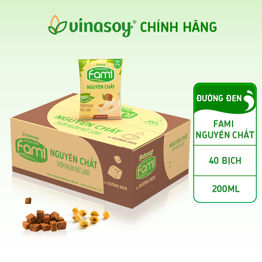 Thùng Sữa đậu nành Fami Nguyên Chất vị Đường đen (40 bịch x 200ml) - Vinasoy