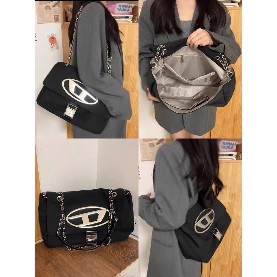Túi xách nữ vải dù dây đôi phối xích đeo chéo đeo vai trendy