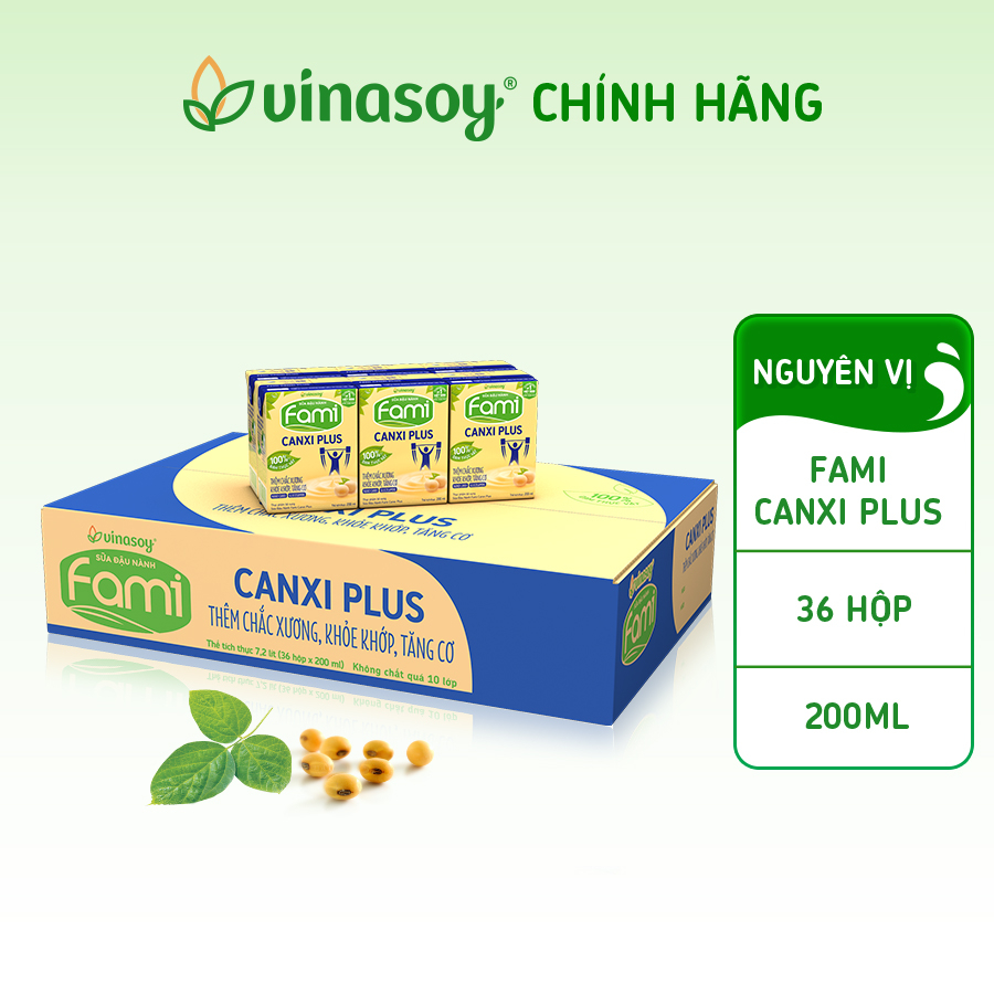 Thùng sữa đậu nành Fami Canxi Plus nguyên vị hộp (36 hộp x 200ml)