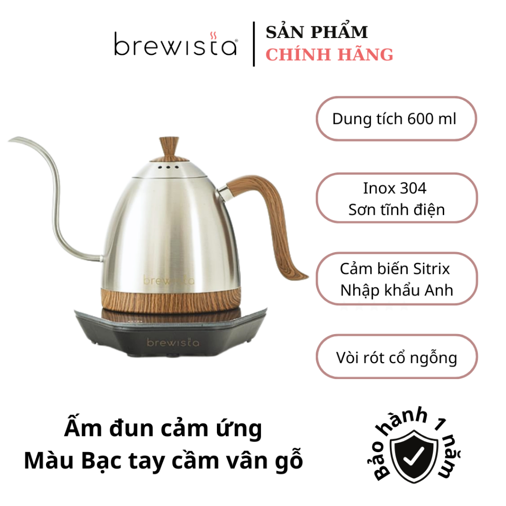 Ấm đun cảm ứng chuyên dụng rót cà phê Kettle 600ml - Xám bạc (Chính hãng Brewista)