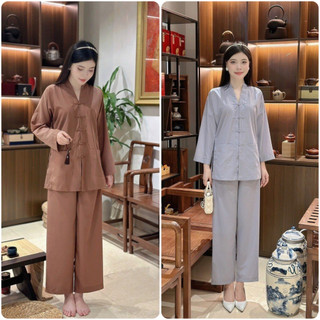 Đồ lam đi chùa nữ truyền thống chất vải kate nút tàu Thiên Di - Pháp phục nữ dành cho phật tử D22
