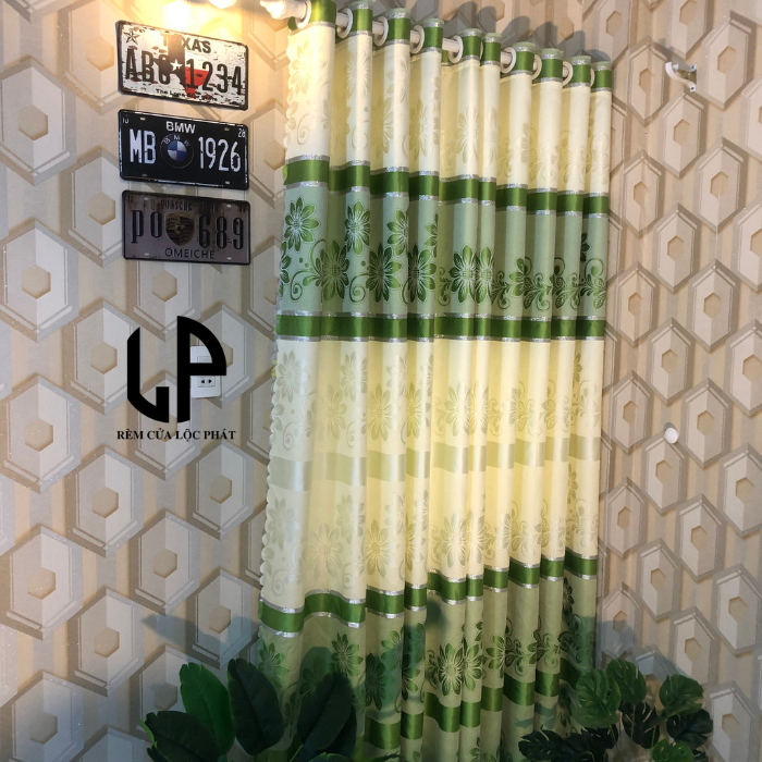 Rèm cửa cao cấp vải gấm hoa văn sọc xanh lá cây,trang trí phòng khách phòng ngủ.