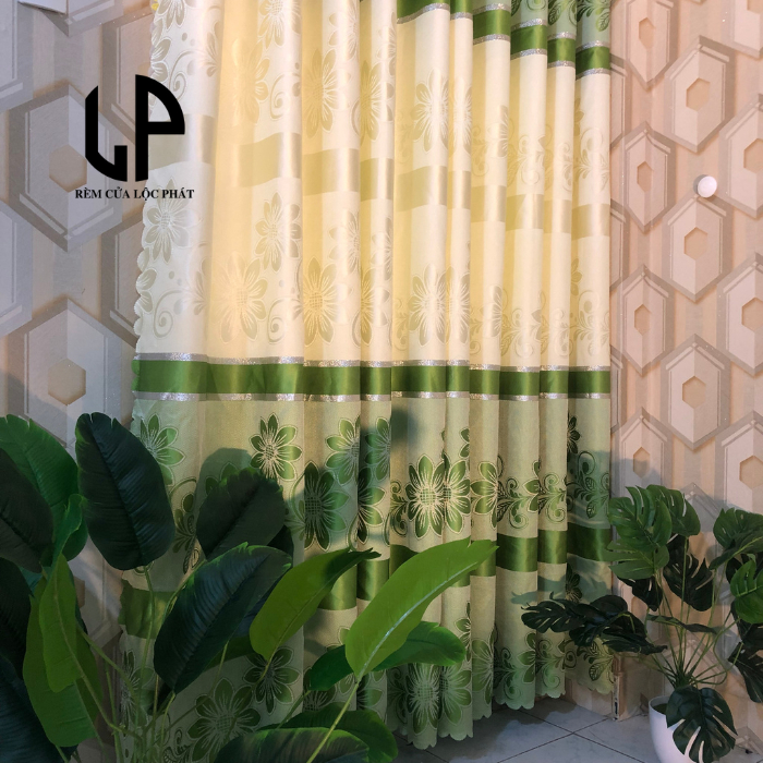 Rèm cửa cao cấp vải gấm hoa văn sọc xanh lá cây,trang trí phòng khách phòng ngủ.