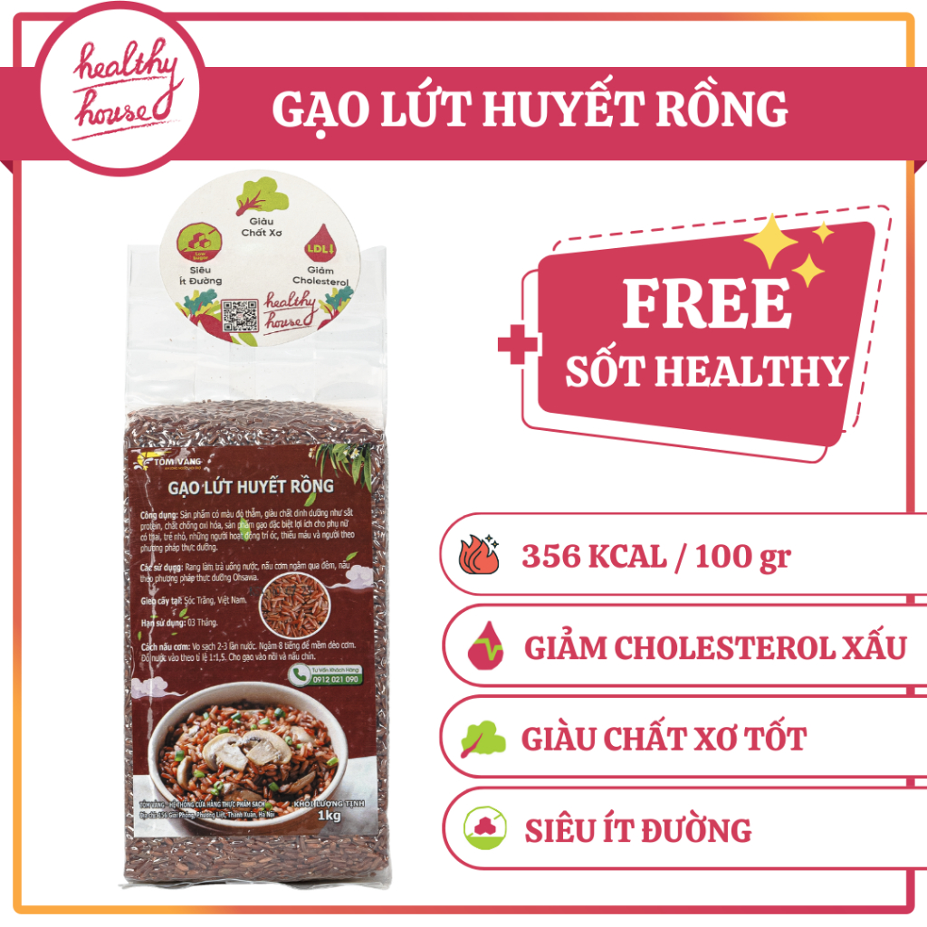 Gạo lứt huyết rồng Tôm Vàng nguyên chất ăn kiêng, healthy, giảm cân lành mạnh gói 1kg