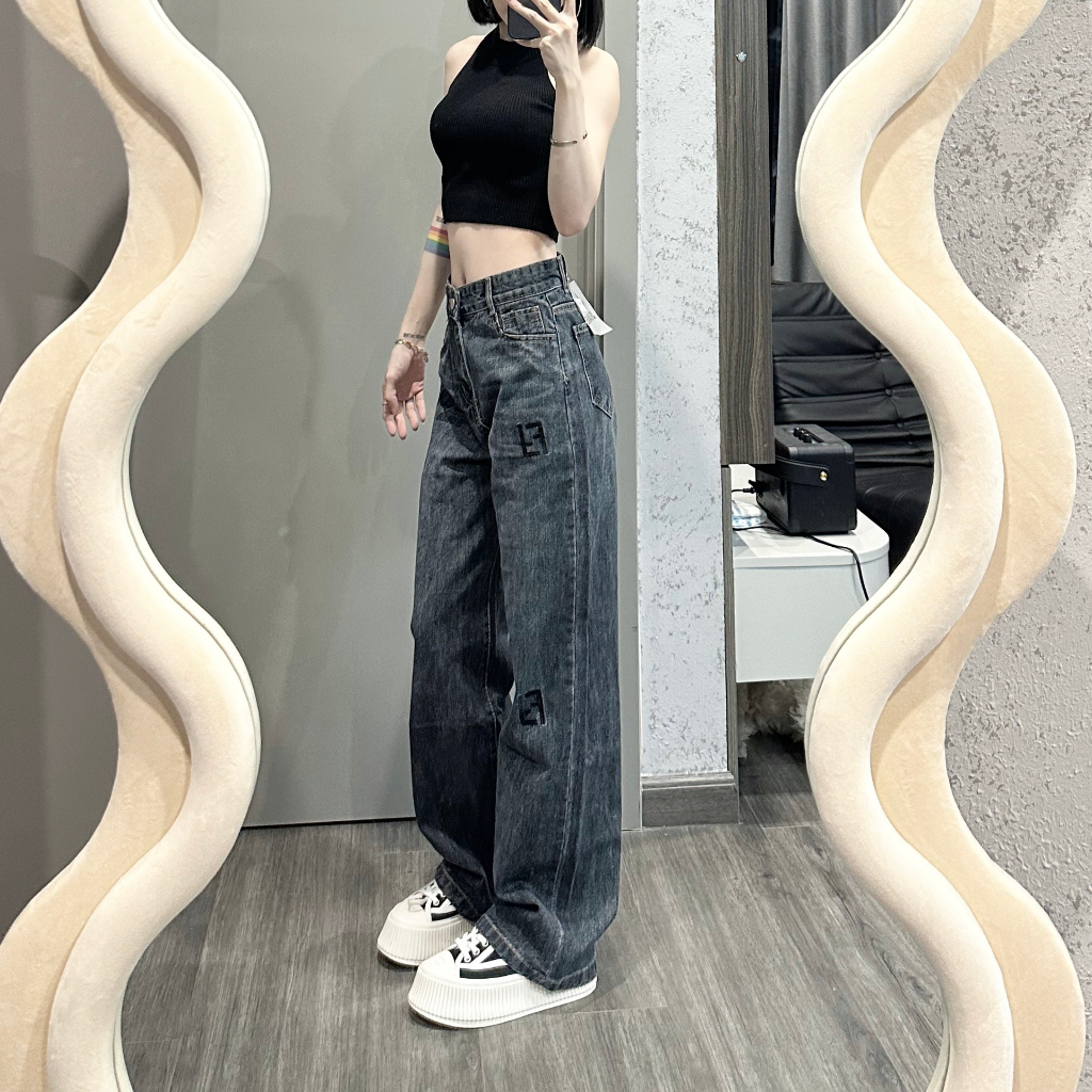 Quần ống rộng jean VIZAKEY cạp cao phong cách ulzzang màu xanh 8307