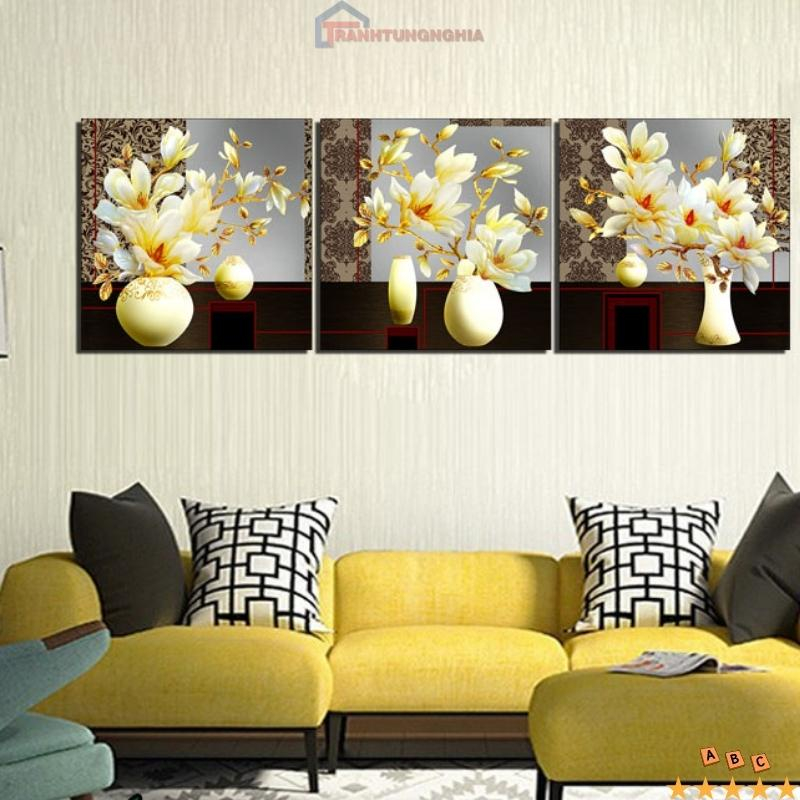 Tranh đính đá - tranh thêu chữ thập hoa mộc lan bộ 3 bức