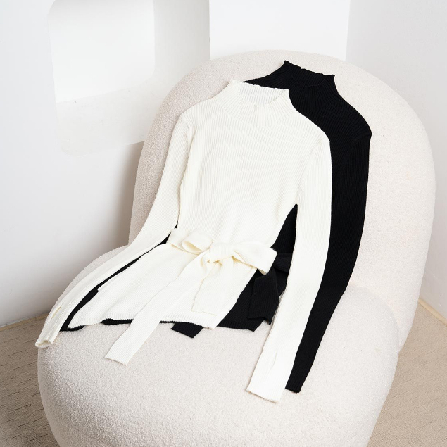 Áo len nữ dáng dài buộc nơ VIEN TRAN V61W21T026