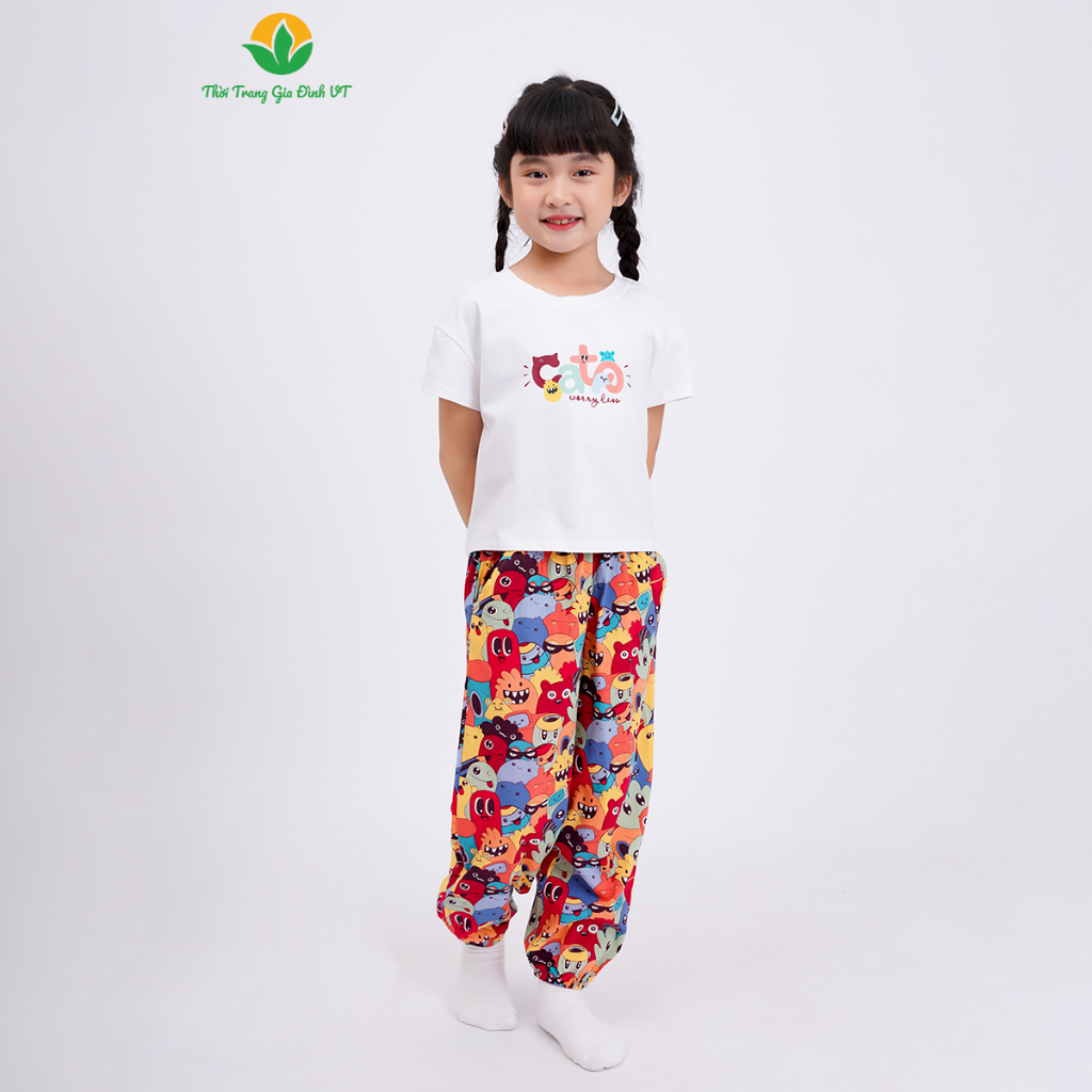 Bộ quần áo bé gái thời trang gia đình VT , quần dài, áo cộc tay chất Cotton - B68.2302