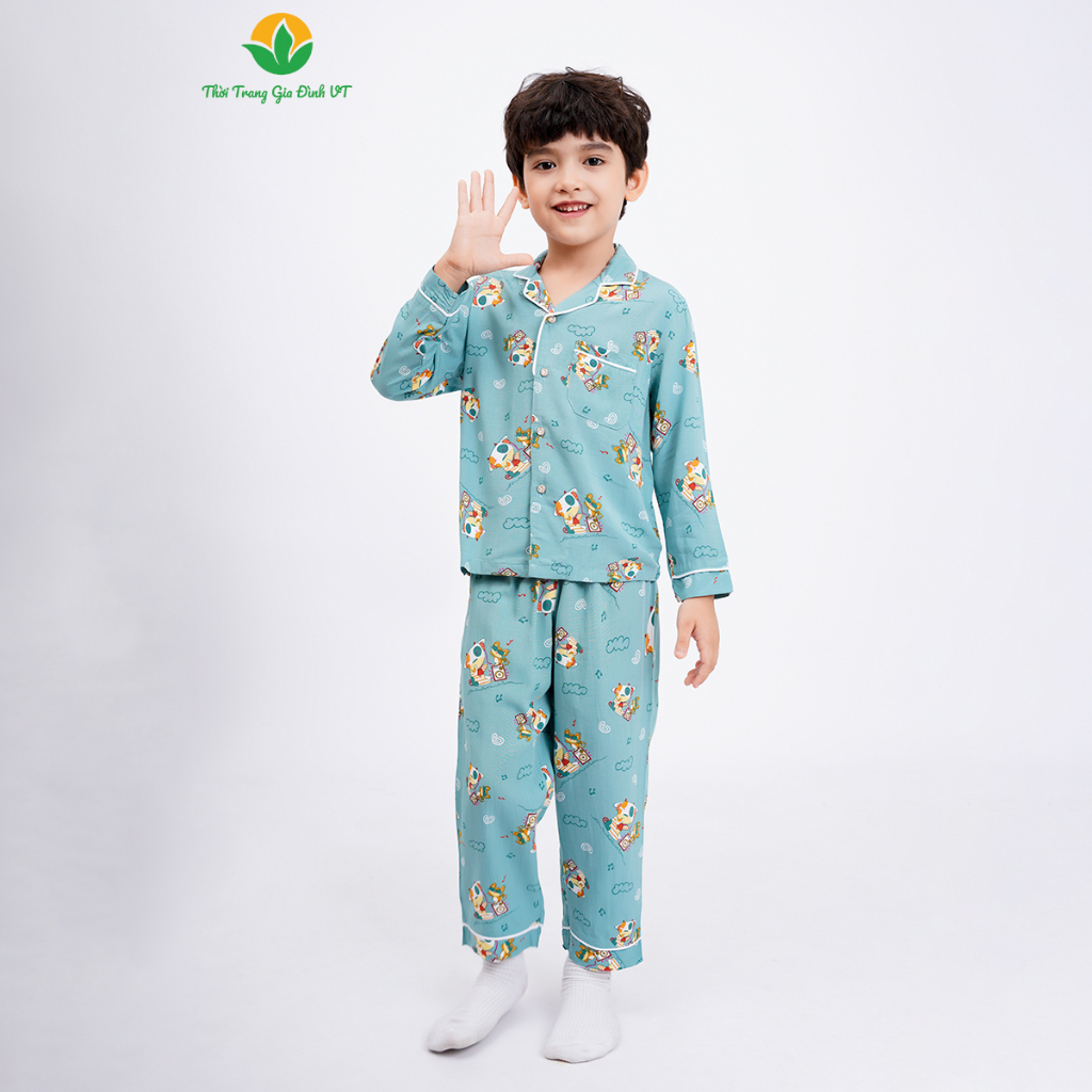 Bộ đồ pijama lanh mặc nhà cho bé trai thu đông Việt Thắng, quần dài, áo dài - B70.2303