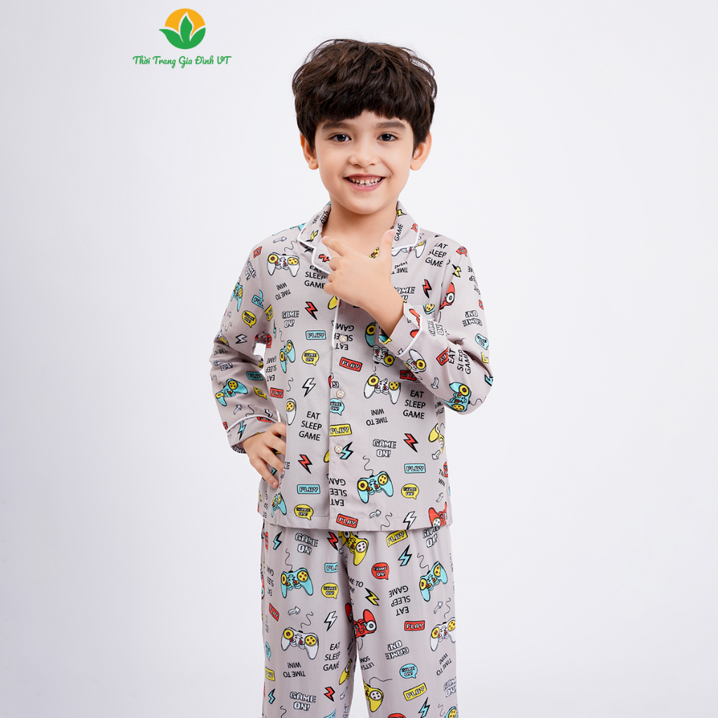 Bộ đồ pijama lanh mặc nhà cho bé trai thu đông Việt Thắng, quần dài, áo dài - B70.2303