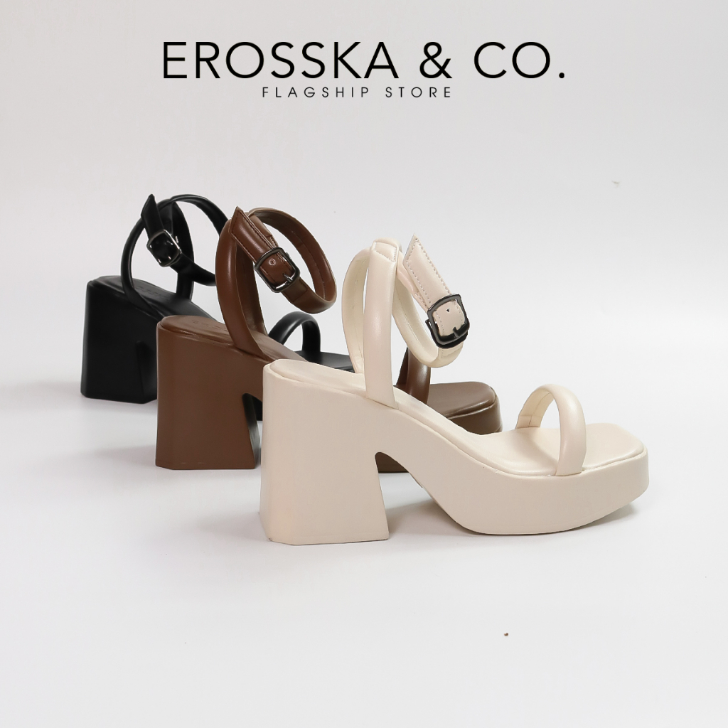 Erosska - Giày sandal cao gót nữ quai ngang kiểu dáng đơn giản cao 9cm màu nâu - SB029 [Form to lùi 1 size]