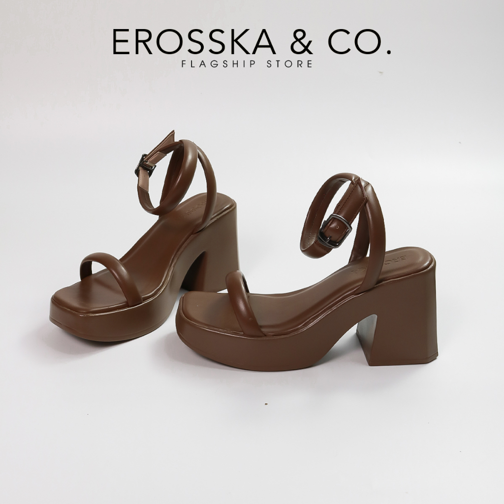 Erosska - Giày sandal cao gót nữ quai ngang kiểu dáng đơn giản cao 9cm màu nâu - SB029 [Form to lùi 1 size]