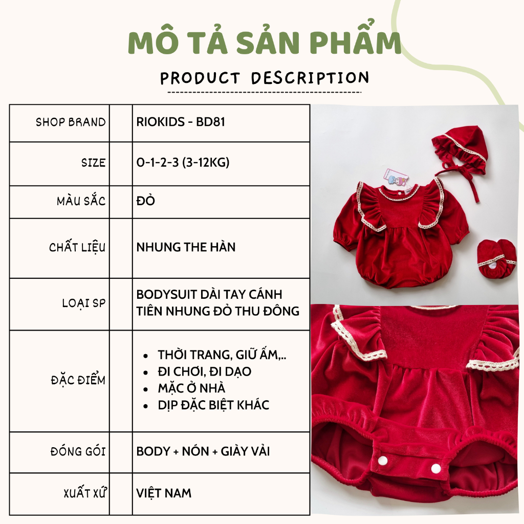 Bodysuit nhung đỏ tay cánh tiên cho bé gái sơ sinh mặc thôi nôi, đầy tháng Thu Đông - Riokids BD81