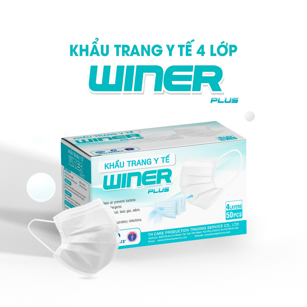 Hộp 50 chiếc khẩu trang y tế 4D Winer kháng khuẩn 4 lớp dày dặn chống bụi tiện lợi