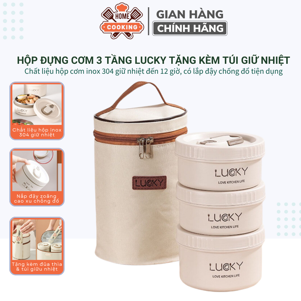 Hộp đựng cơm văn phòng, hộp mang cơm giữ nhiệt 3 tầng Lucky chất liệu inox 304 giữ nhiệt 3 lớp tặng kèm túi bộ đũa thìa