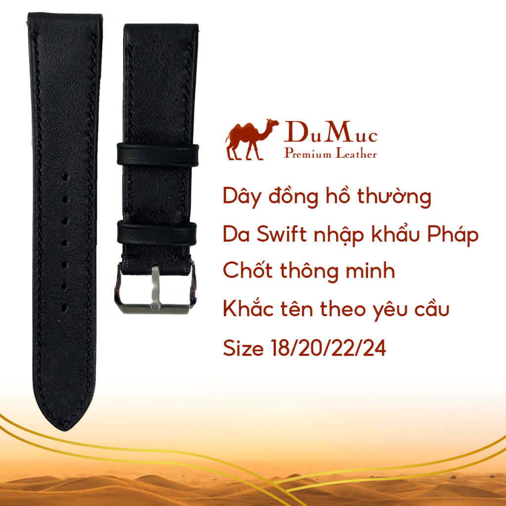 Dây da đồng hồ DU MỤC Leather Da Swift Hass Leather from Pháp - Black