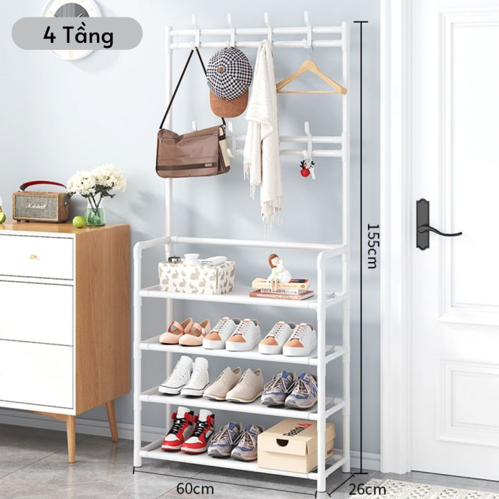 Kệ giầy 4 tầng chữ L có khung móc treo đồ tiện lợi tặng kèm 4 móc treo