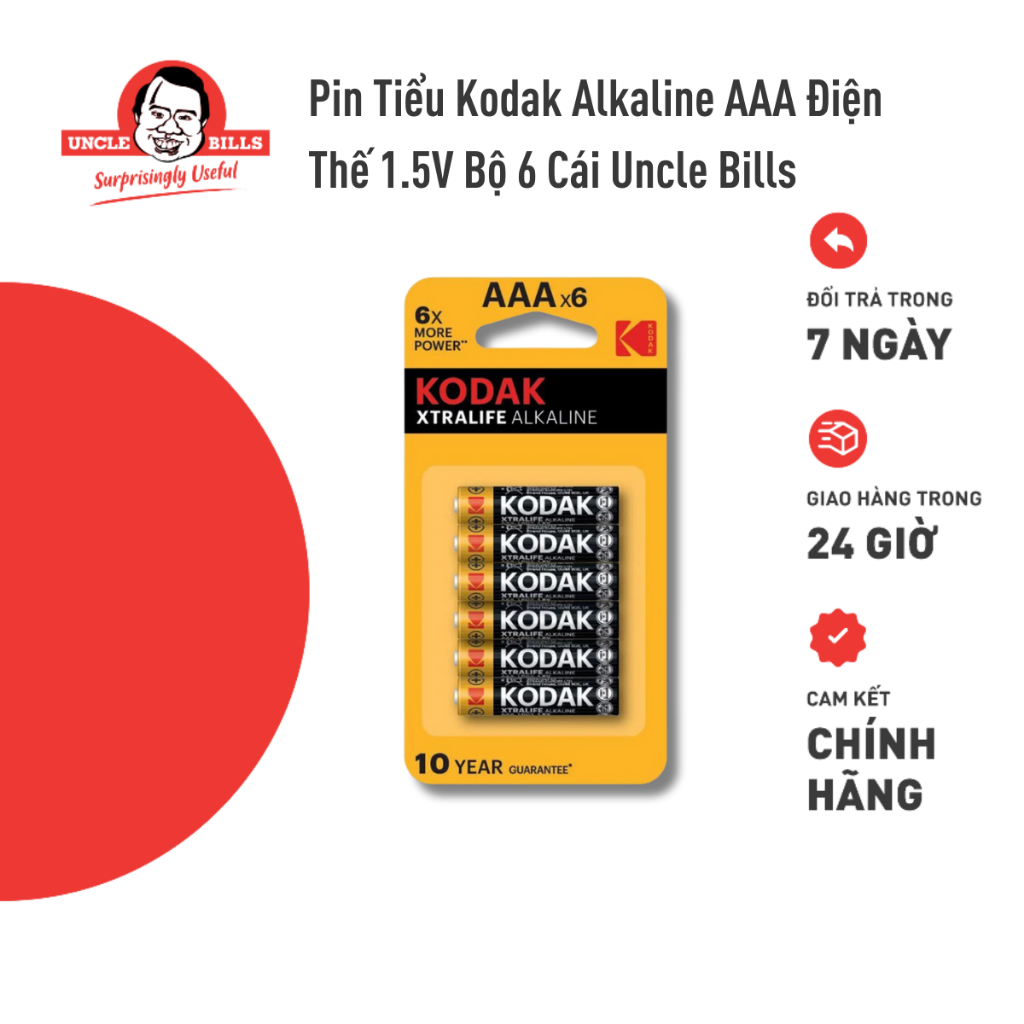 Bộ 6 Pin Tiểu Kodak Alkaline AAA điện thế 1.5V Uncle Bills IB0217 chính hãng siêu bền remote TV máy lạnh đồ chơi trẻ em