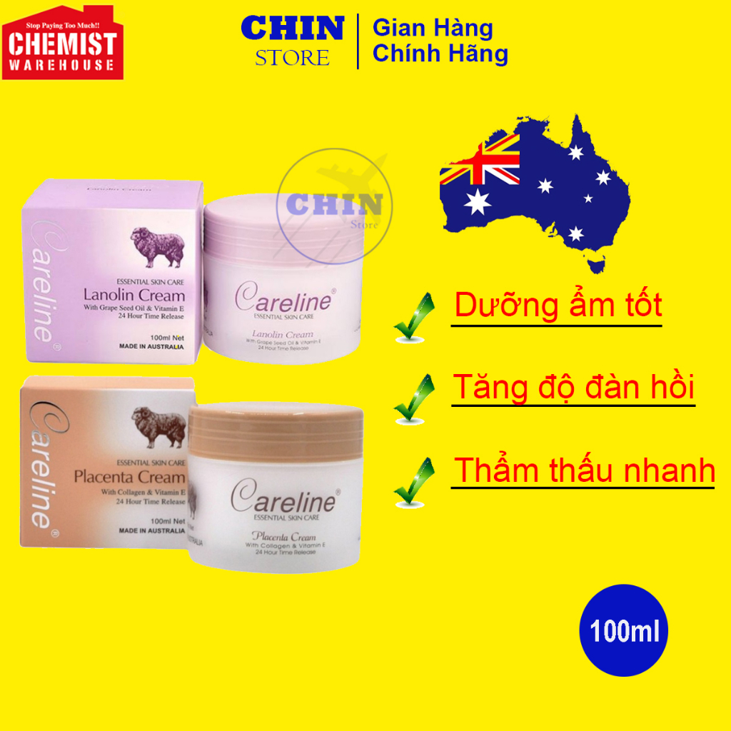 Kem dưỡng ẩm nhau thai cừu Careline Lanolin/Placenta Cream 100ml Úc giúp dưỡng ẩm, da căng khỏe, thẩm thấu nhanh