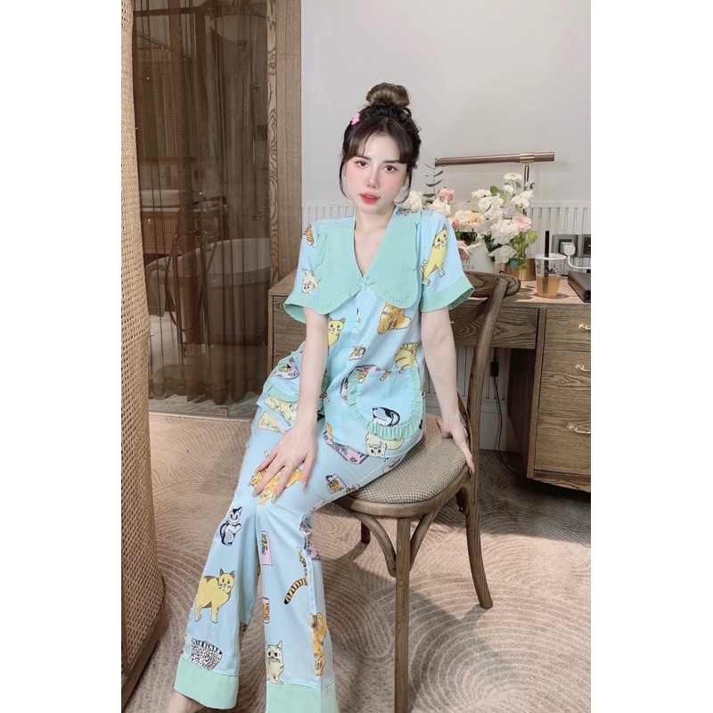 Đồ Bộ Mặc Nhà, Pijama Thiết Kế Tay Ngắn Quần Dài Chất Liệu Lụa Mịn Mát