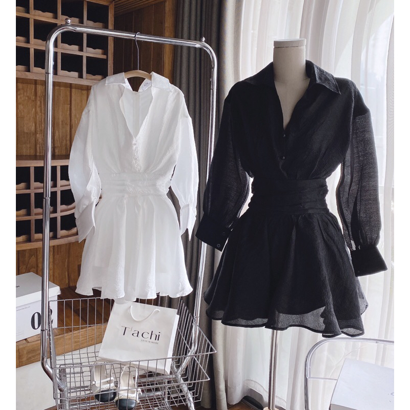 ĐẦM CỔ SƠ MI V TAY PHỒNG BO EO XẾP LY Áo Sơ Mi Nữ Tay Dài