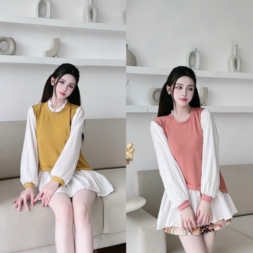 Áo bầu dài tay dáng babydoll chất len mỏng mềm đẹp cổ bèo phối họa tiết siêu xinh AD136