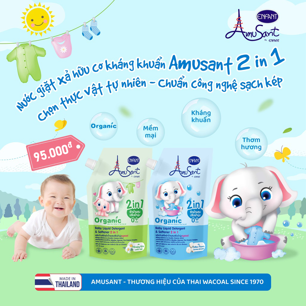 Nước giặt xả quần áo em bé Amusant 2in1 chiết xuất Trà & Nha Đam hương Cotton 600ml