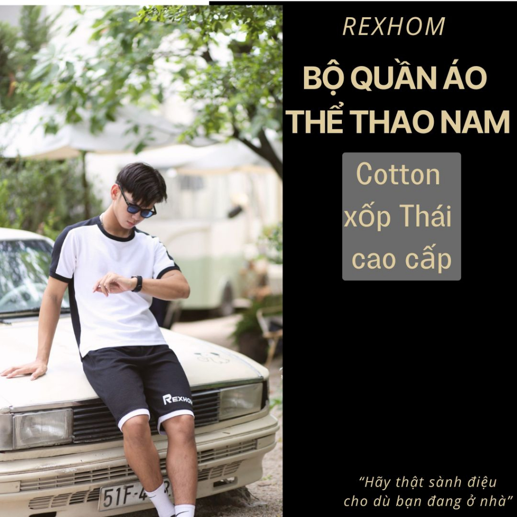 Set bộ đồ thể thao nam Rexhom cổ Tròn tay ngắn phối vai trắng đen chất liệu xốp cotton Thái dập nổi dày dặn