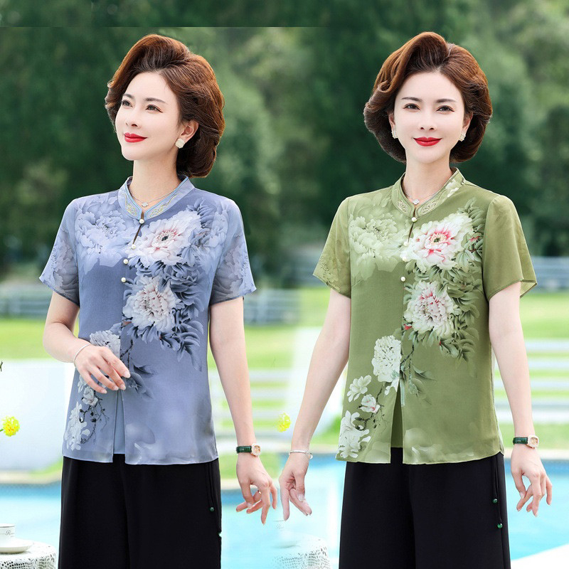 Áo voan lụa trung niên 2 lớp , Kiểu dáng cổ trụ sang trọng, Thanh lich, Chất liệu voan lụa mềm mại
