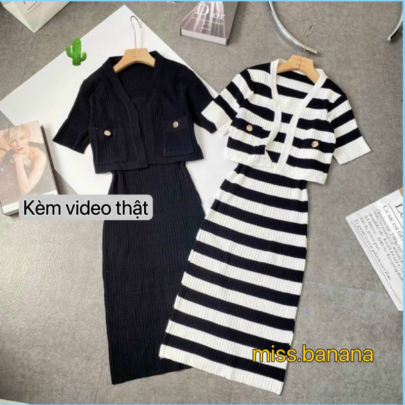 Set Combo 2 Món Áo Khoác + Đầm Thun Gân Kẻ Sọc Ngang Nút Sắt, Váy Ôm Body
